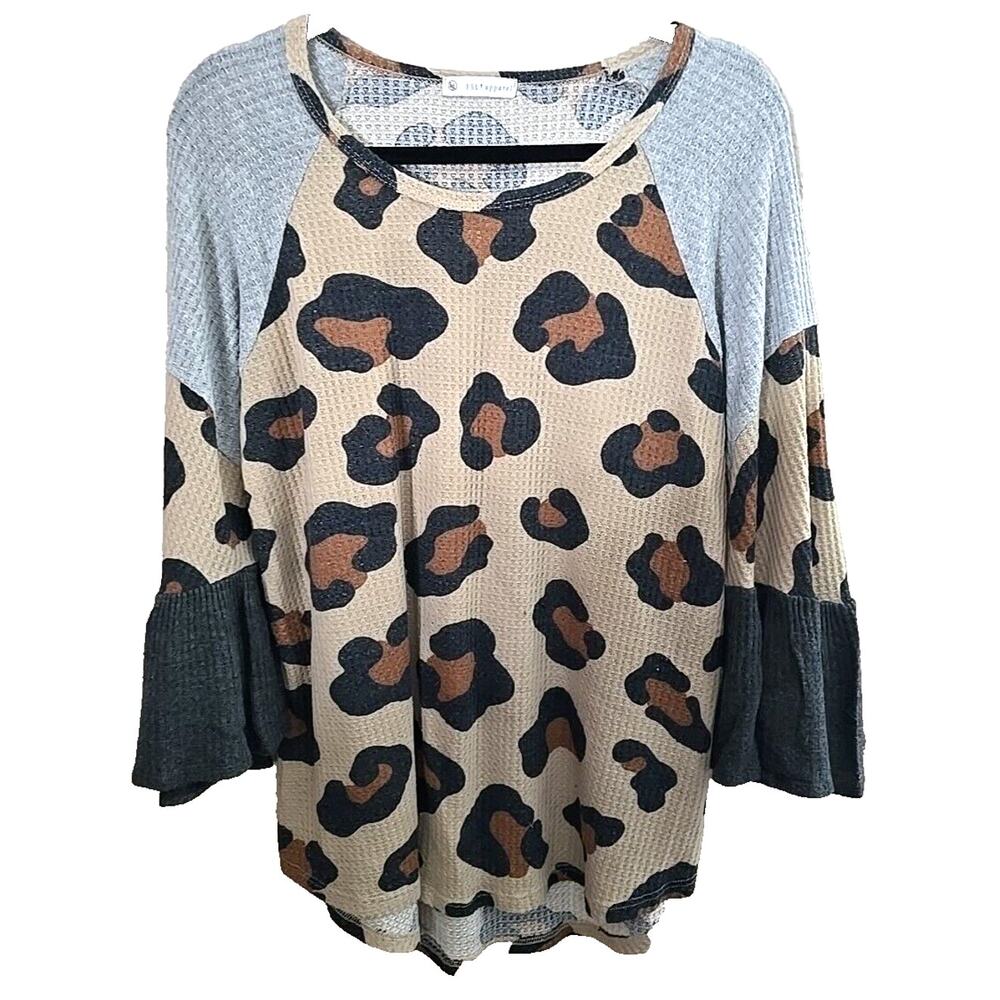 FSL Apparel Tan Leopard Print Waffle Knit Bell Sleeve Top Womans Size Large